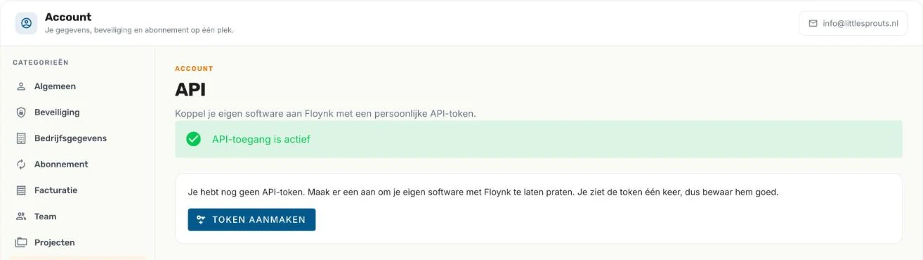 Het tabblad API voordat je een token aanmaakt