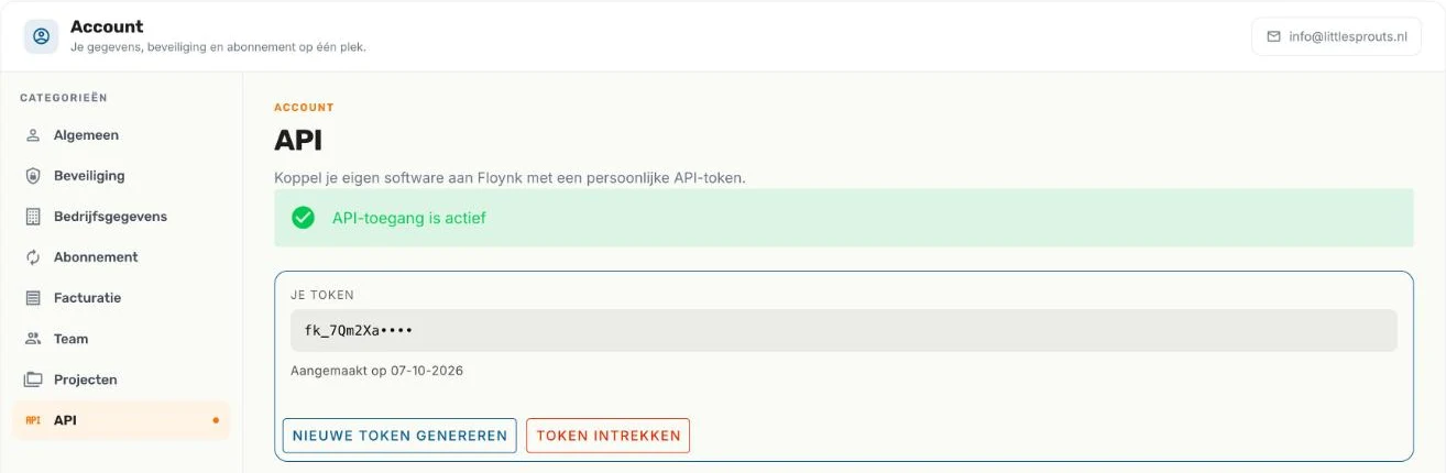 Het tabblad API met je token