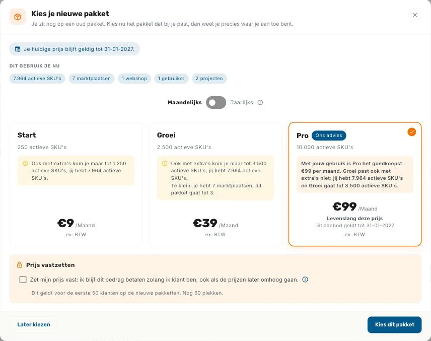 Het venster Kies je nieuwe pakket