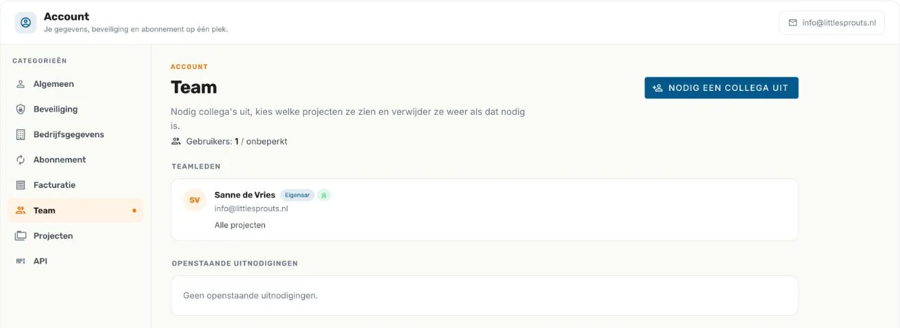 Het tabblad Team