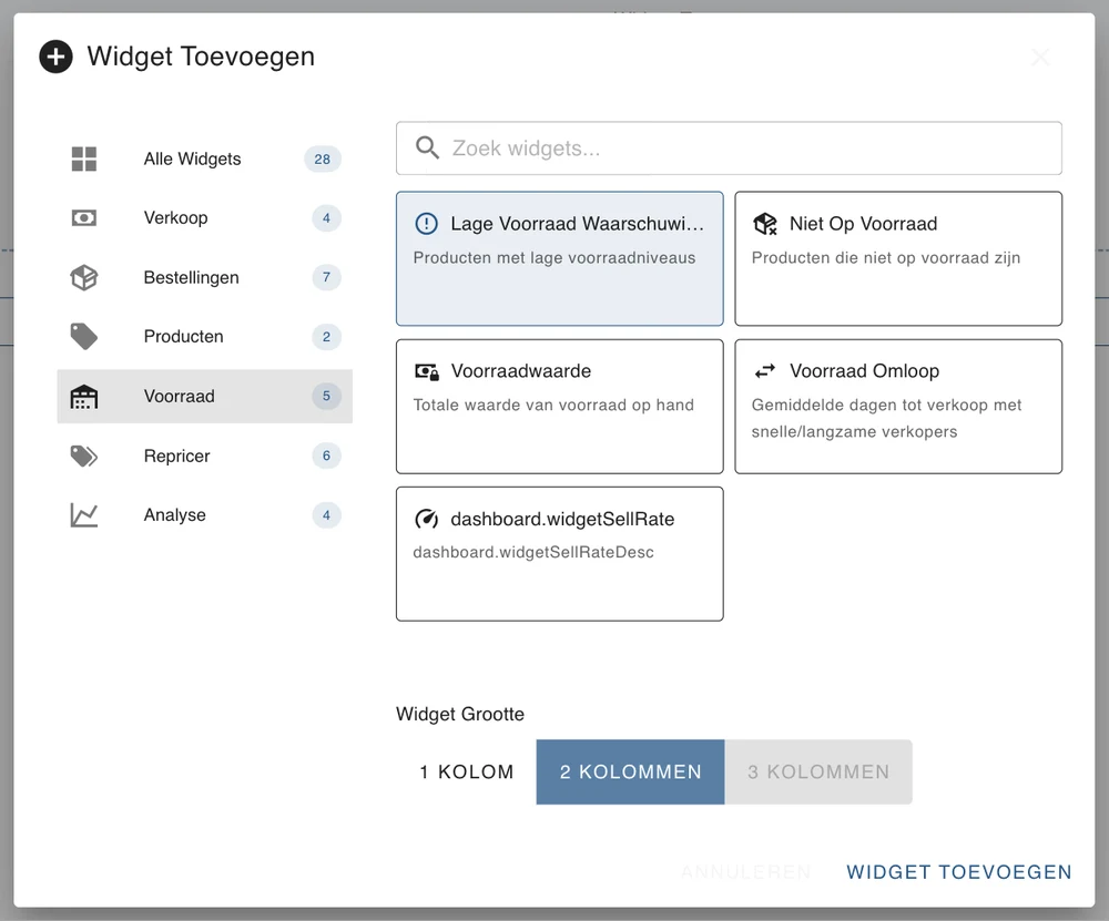 Een geselecteerde widget met 2 kolommen breedte