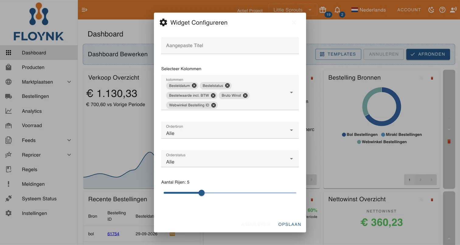 Widget Configureren voor de widget Recente Bestellingen