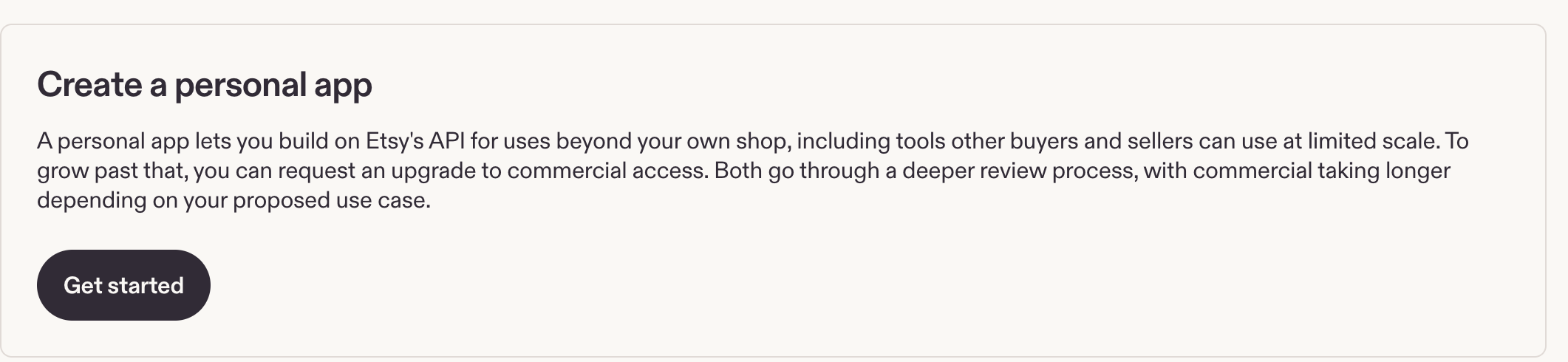 Het dashboard van het Etsy developer-portaal met "Create a personal app"