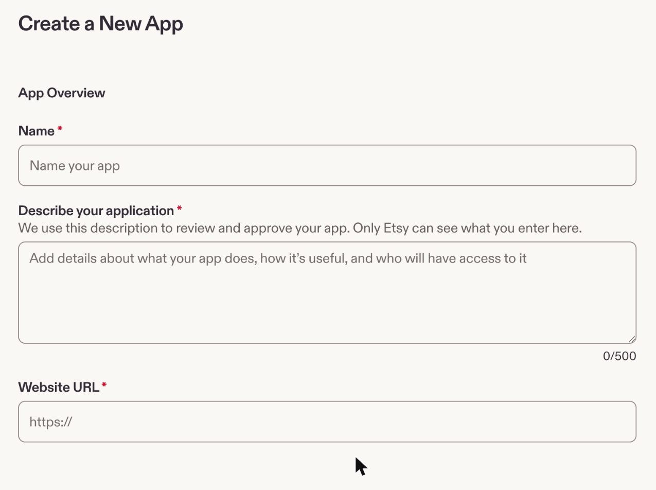 Het formulier "Create a New App" met naam, omschrijving en website