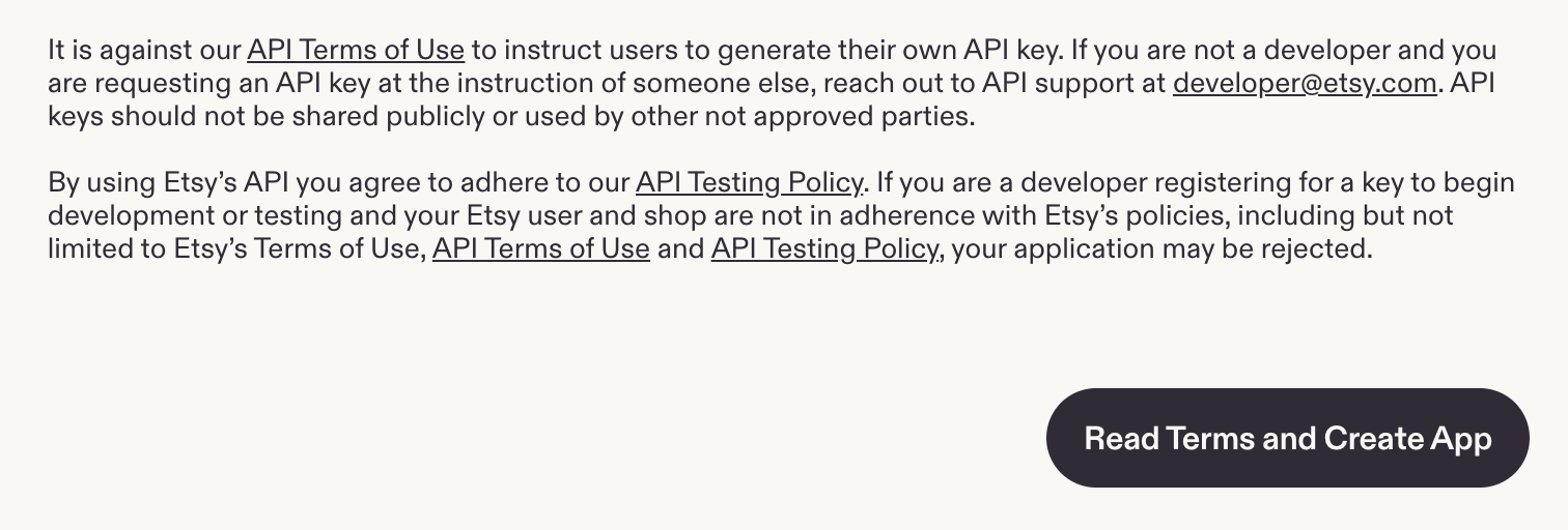 De knop "Read Terms and Create App"
