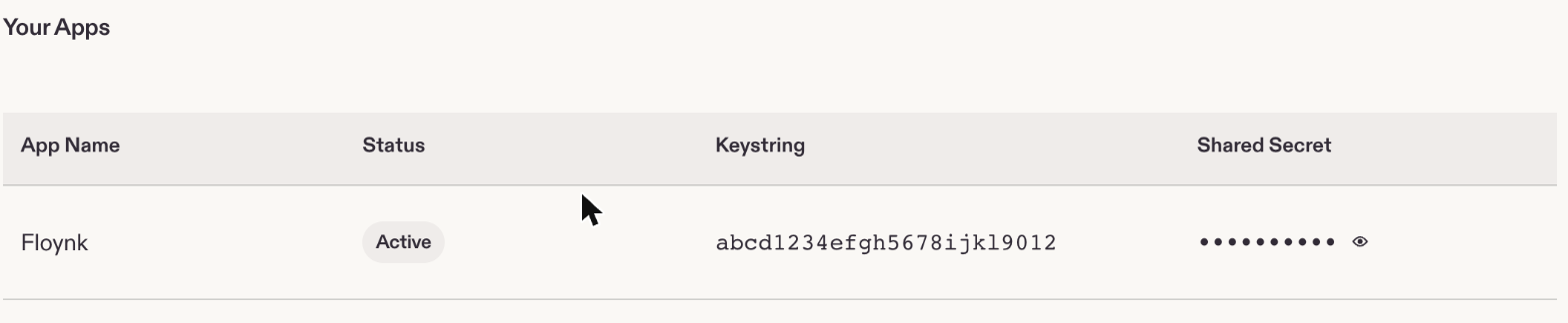 De Keystring en Shared Secret van de app onder "Your Apps"