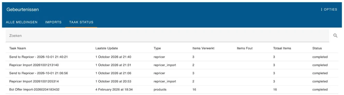 Het tabblad Taak Status