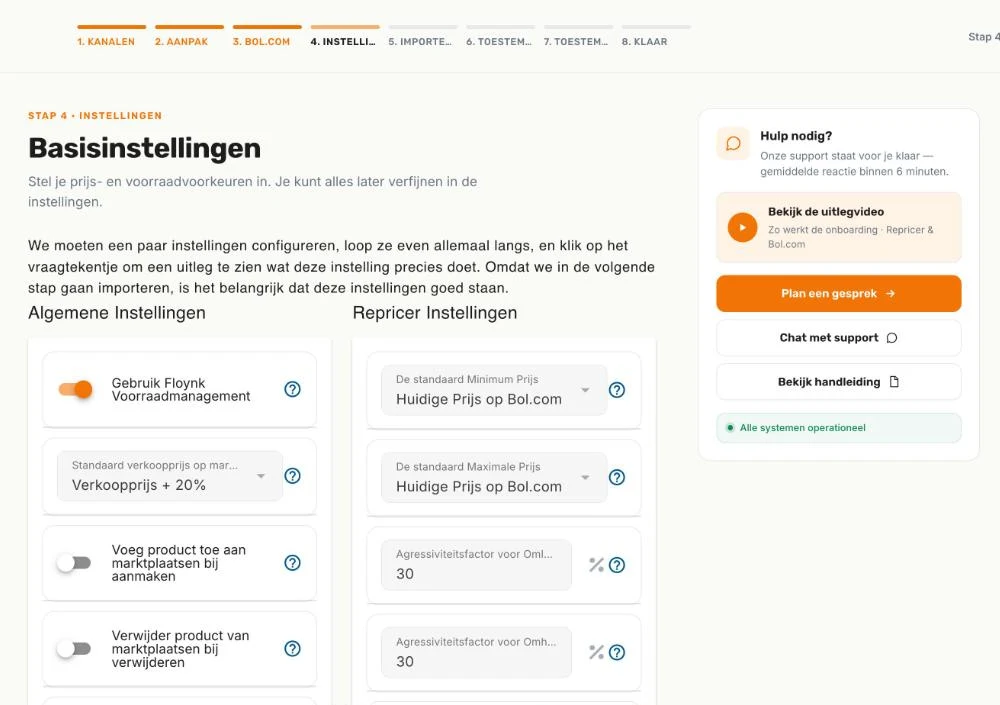 De stap Instellingen