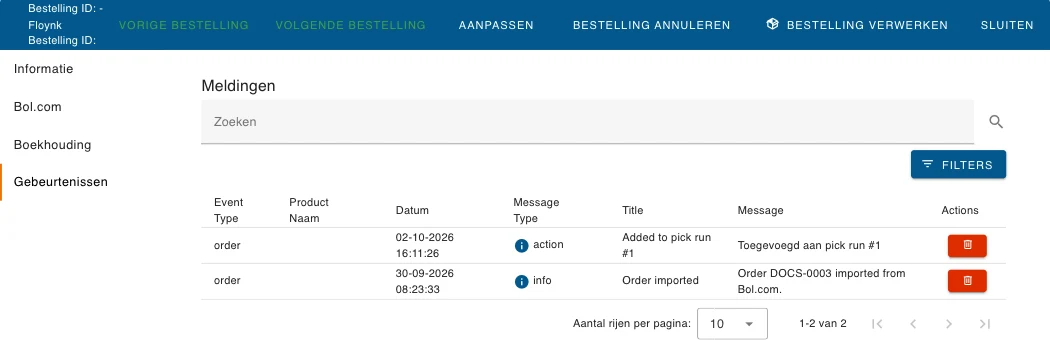 Het tabblad Gebeurtenissen