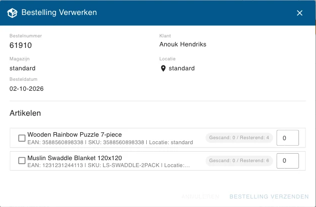 Het venster Bestelling Verwerken
