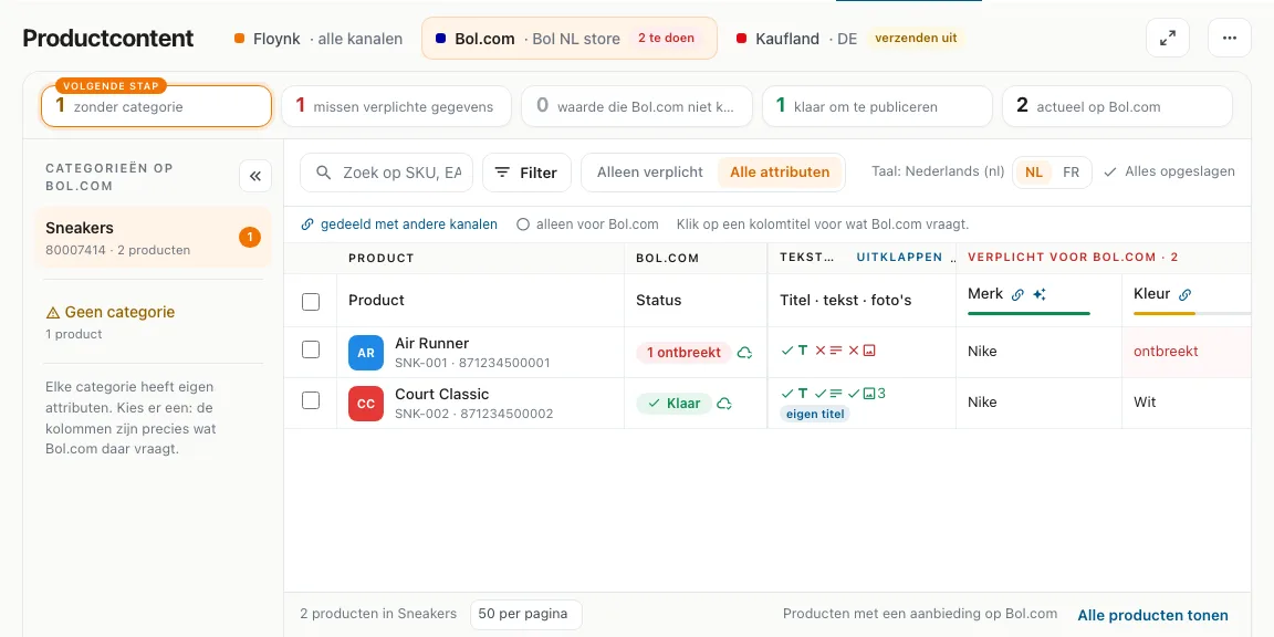 De contentwerkplek op het tabblad van Bol.com