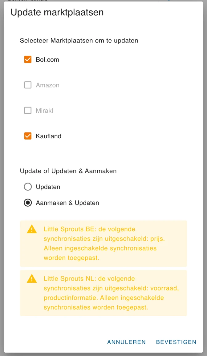 Het venster Update marktplaatsen