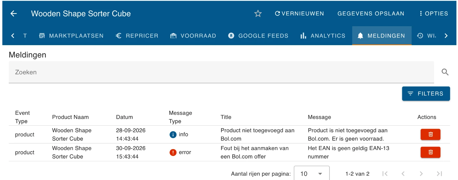 Een melding op het tabblad Meldingen van een product