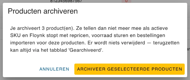 De bevestiging om de geselecteerde producten te archiveren
