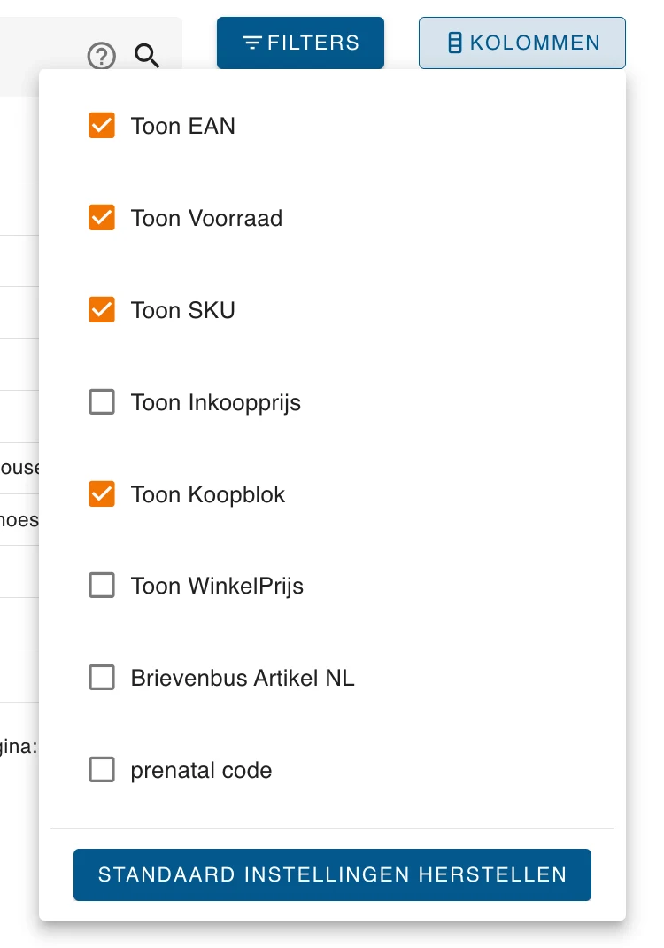 Het menu Kolommen