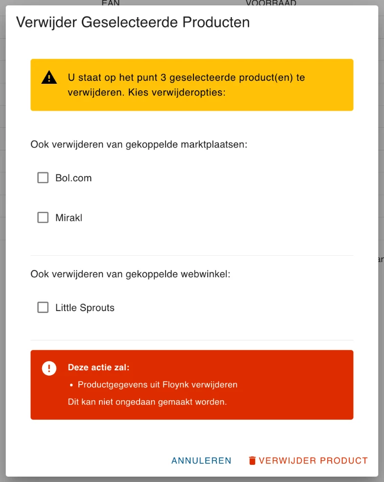 Het venster om producten te verwijderen
