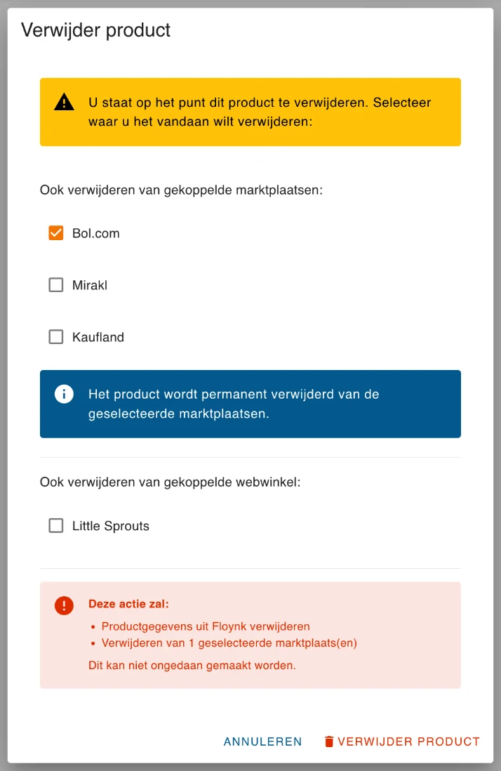 Het venster Verwijder product