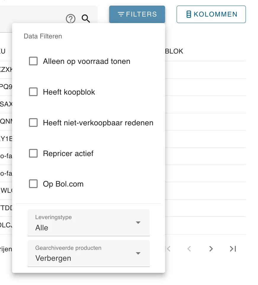 Het menu Filters