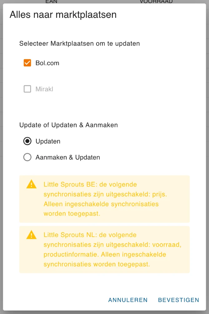 Het venster Alles naar marktplaatsen