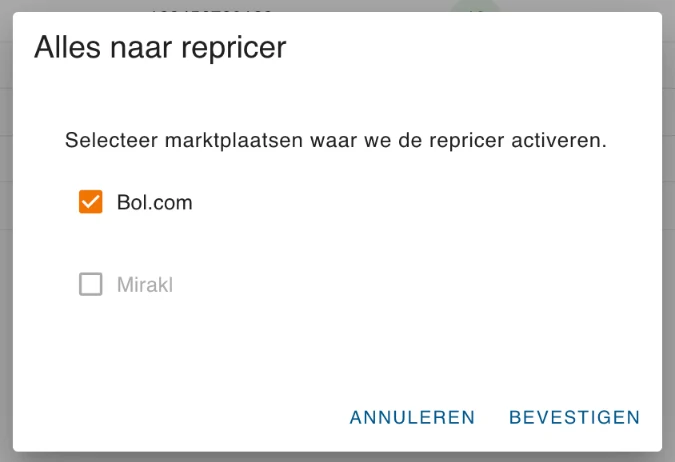 Het venster om producten naar de repricer te sturen