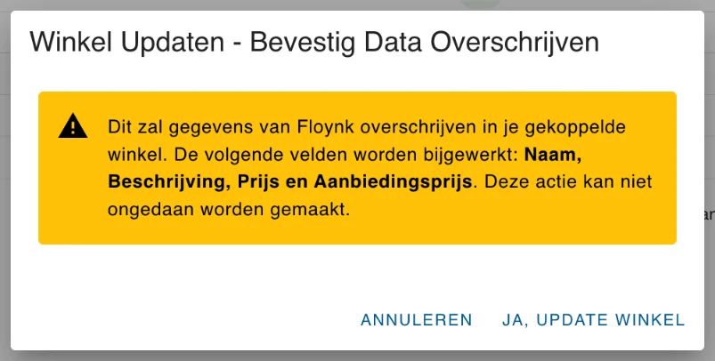 De bevestiging voor Update in winkel