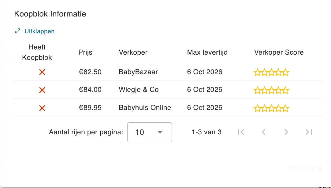 Het venster Koopblok Informatie