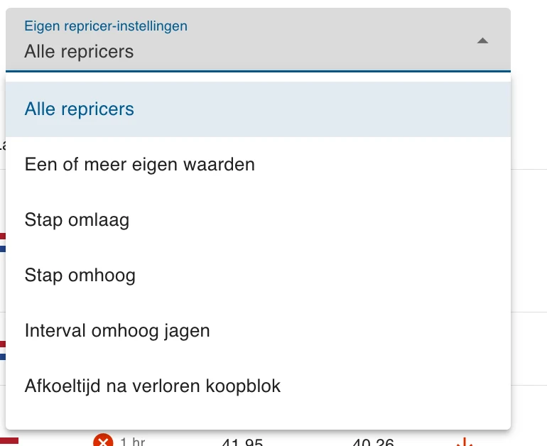 Het filter Eigen repricer-instellingen