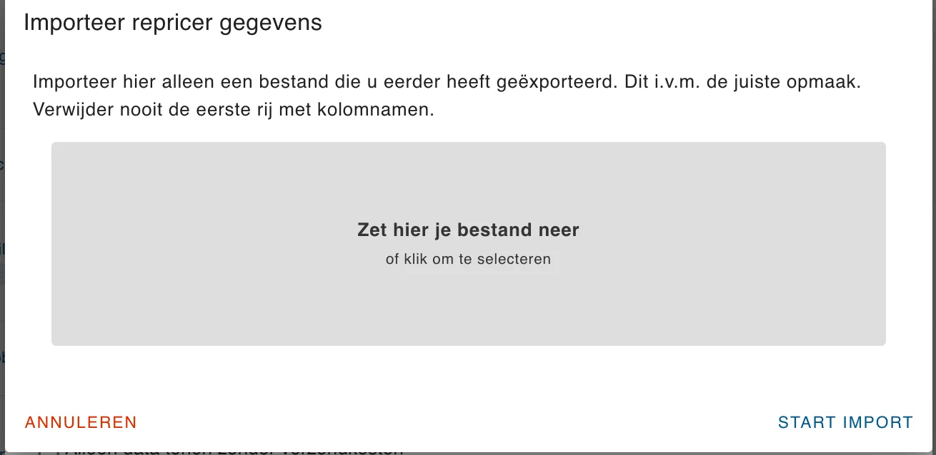 Het venster Importeer repricer gegevens