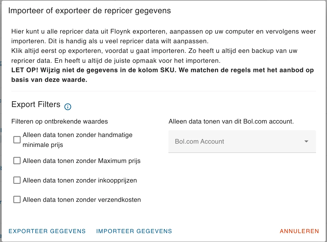 Het import/export-venster