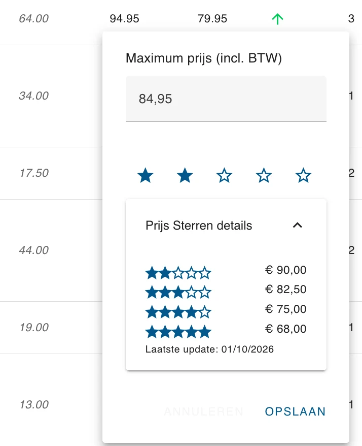 Het venster voor de maximumprijs