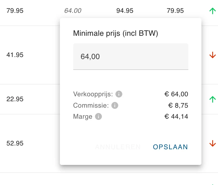 Het venster voor de minimumprijs