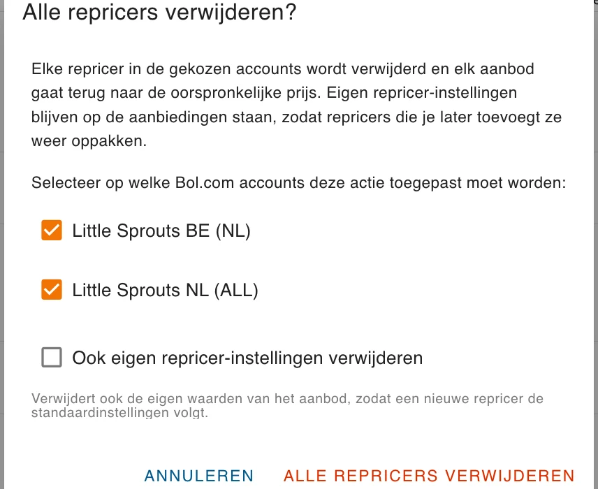 Het venster Alle repricers verwijderen