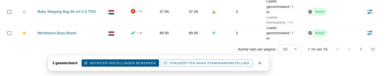 De balk met de selectie