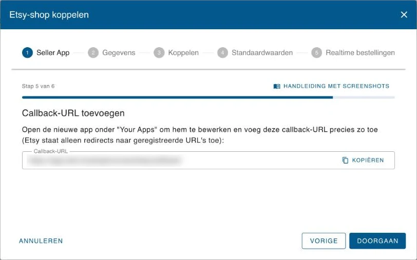 De callback-URL in de stap Seller App