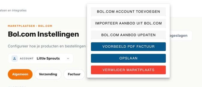 Het menu Opties op de pagina Bol.com Instellingen