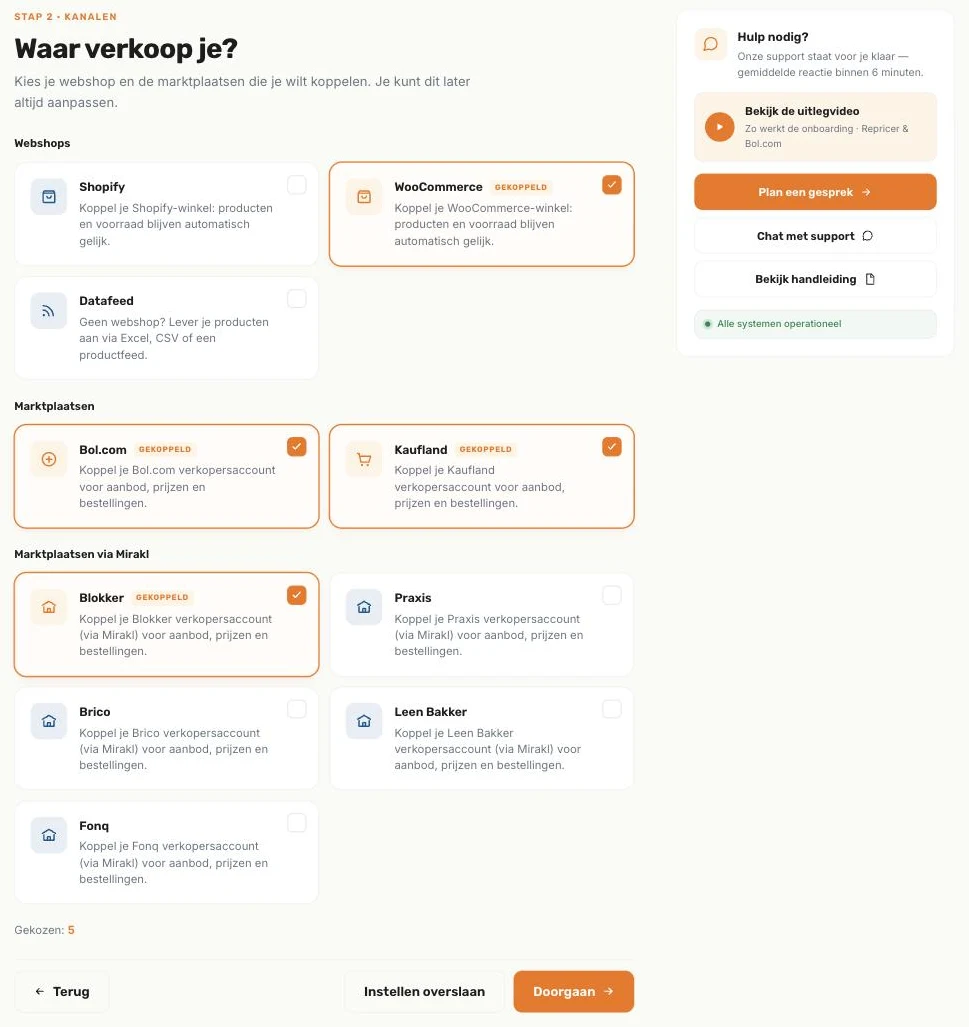 De stap Kanalen van de installatiewizard