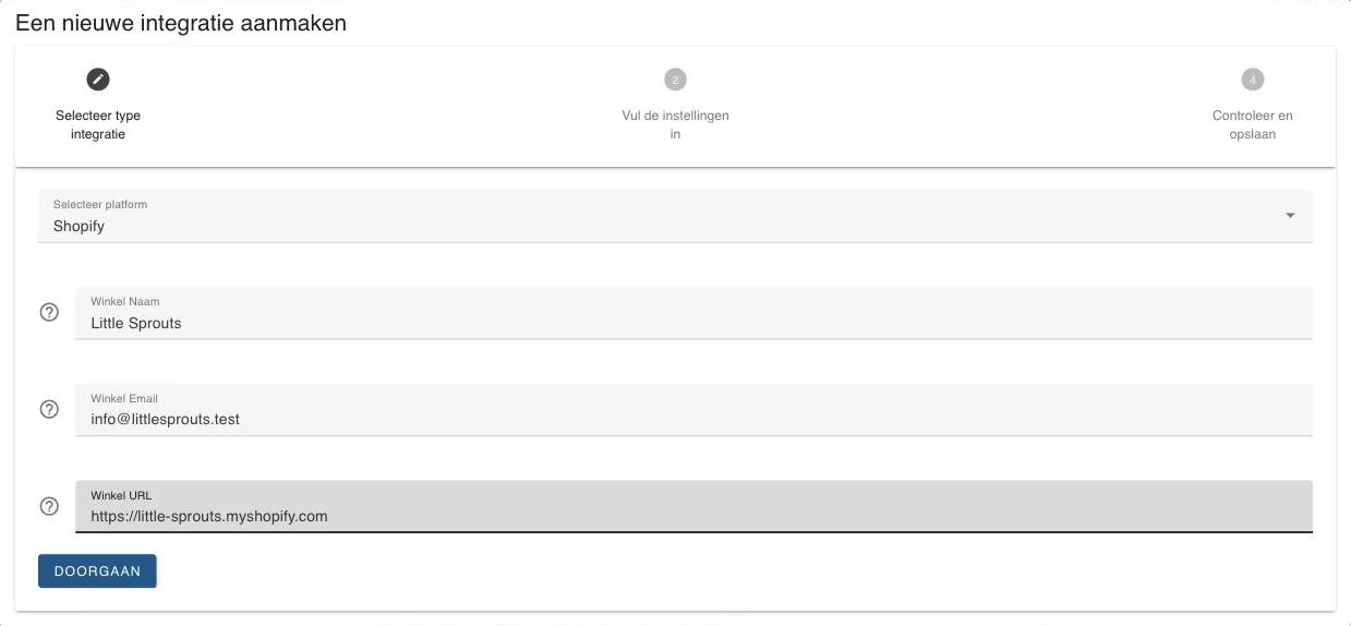 Stap 1 ingevuld voor Shopify