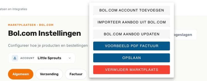 Het menu Opties van de Bol.com instellingen