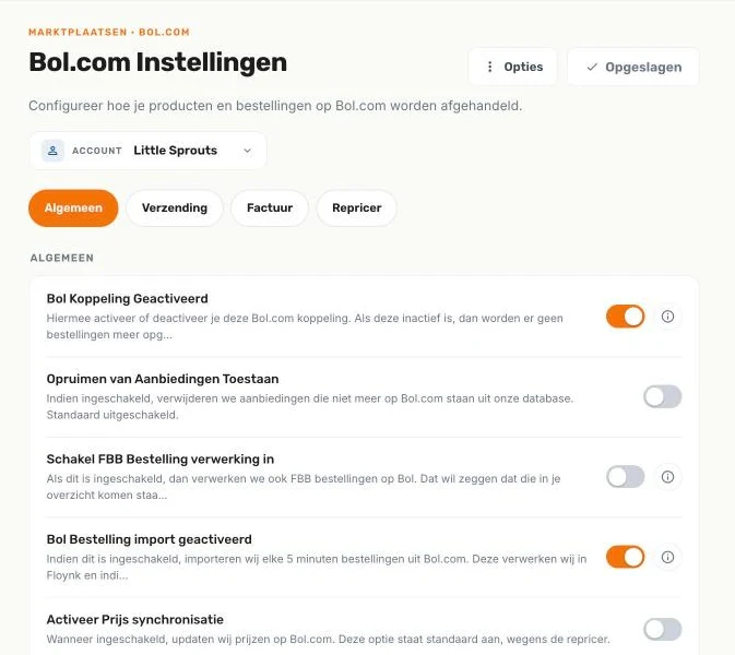 De Bol.com instellingen met bovenaan de accountkeuze