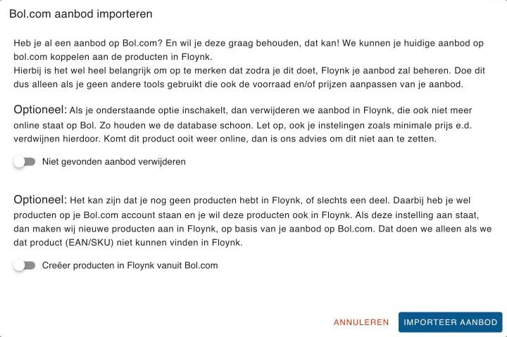 Het venster om aanbod uit Bol.com te importeren