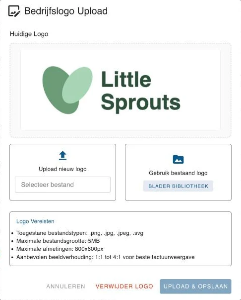 Het venster om een bedrijfslogo te uploaden