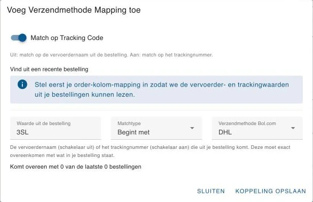 Het venster om een verzendmethode-koppeling toe te voegen