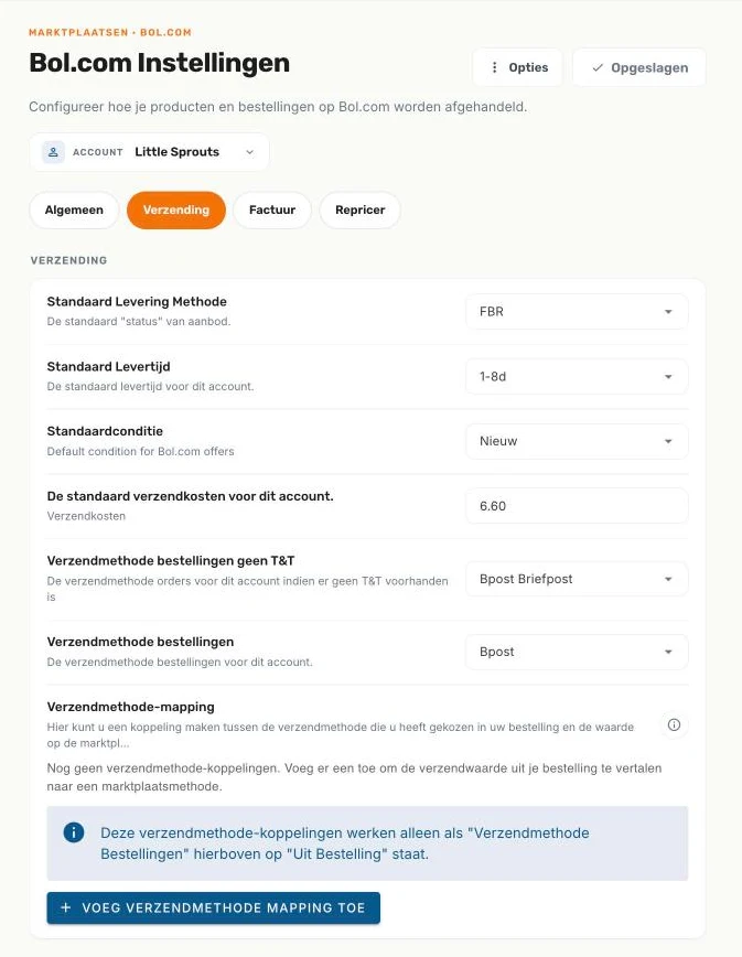 Het subtabblad Verzending
