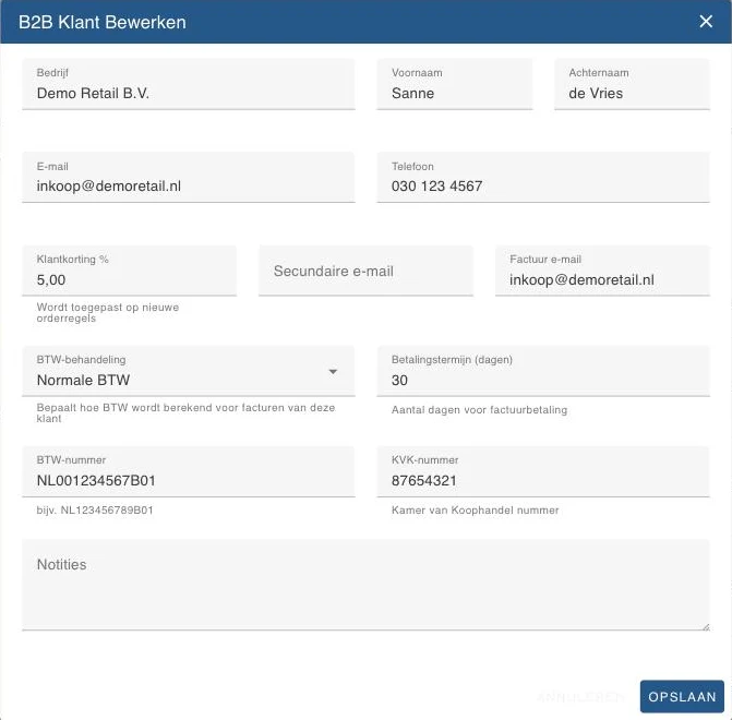 Het formulier voor een B2B-klant