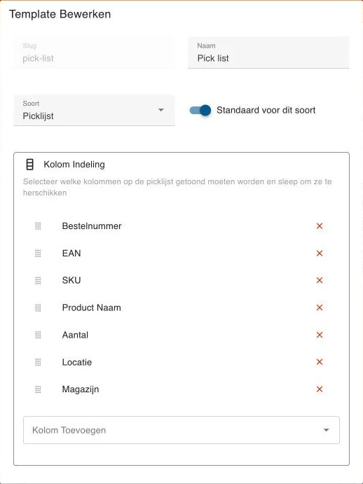 De kolomindeling van een picklijsttemplate