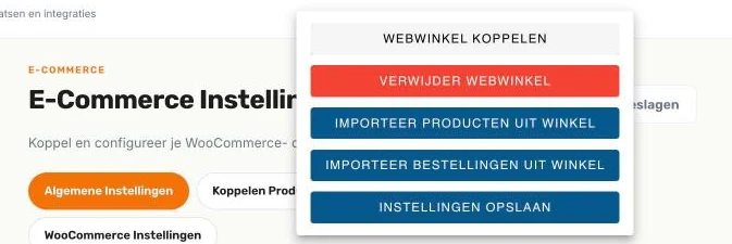 Het menu Opties van de E-Commerce instellingen
