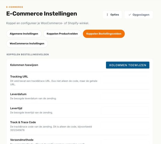 Het subtabblad Koppelen Bestellingsvelden