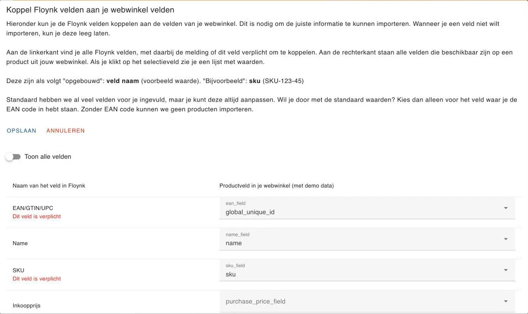 Het venster om productvelden te koppelen