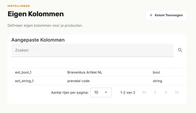 De lijst met eigen kolommen