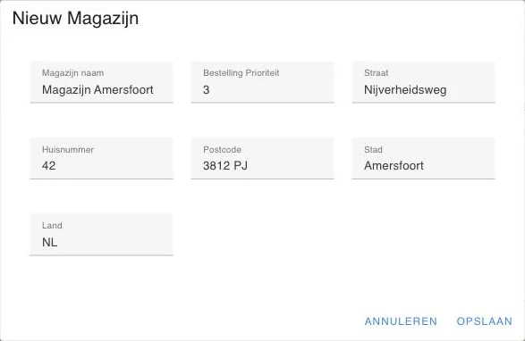 Het venster om een magazijn toe te voegen
